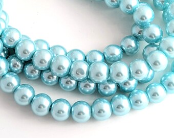 1 Strand of 8mm (Approx. 110 Beads) Turquoise Blue Glass Pearl Beads, Craft Supplies, Beads, Glass, Pearls, UK Seller (GLPB9069)