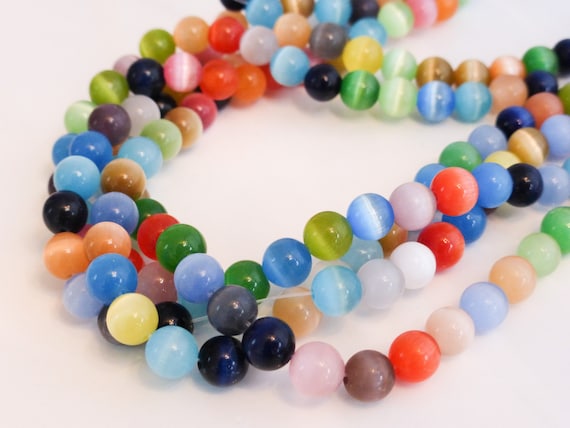Pretty Glass Cats Eye 6mm Round Beads Mixed Colours 14.5 Inch Strand (approx. 64 beads), Craft Supplies, Beads, UK Seller (GLPB9019)