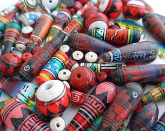 Beautiful Hand Painted Peruvian Clay Beads 20g Mixed colours Blue Red Black, Jewellery Craft Supplies, UK Seller (OBT5010)
