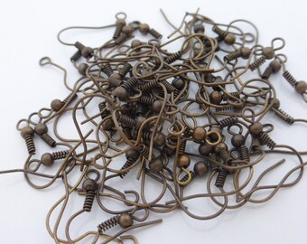 50 x Brass Ball and Coil Ear Wires in Antique Bronze, Earring Hooks Nickel Free, Craft Supplies, Findings, UK Seller (FFC5049)