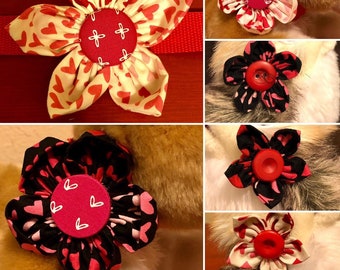 A variety of dog collar flowers in different styles, sizes and colors for your doggie Valentine!