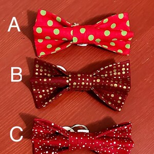May include: Six different red and white polka dot bow ties with various patterns. The bow ties are arranged vertically from top to bottom, with the letter A to F labeling each bow tie.