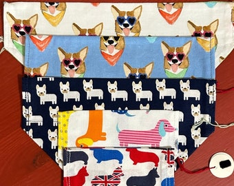 Dog over-the- collar style bandanas in breed specific prints: Corgis, Frenchies and Doxies