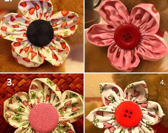 Valentine dog collar flowers in a variety of heart prints, sizes and styles.