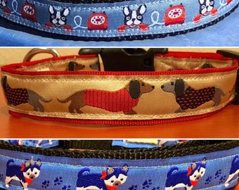 Dog collars with Dachshunds, huskies, or Boston terriers on Jacquard Ribbon.