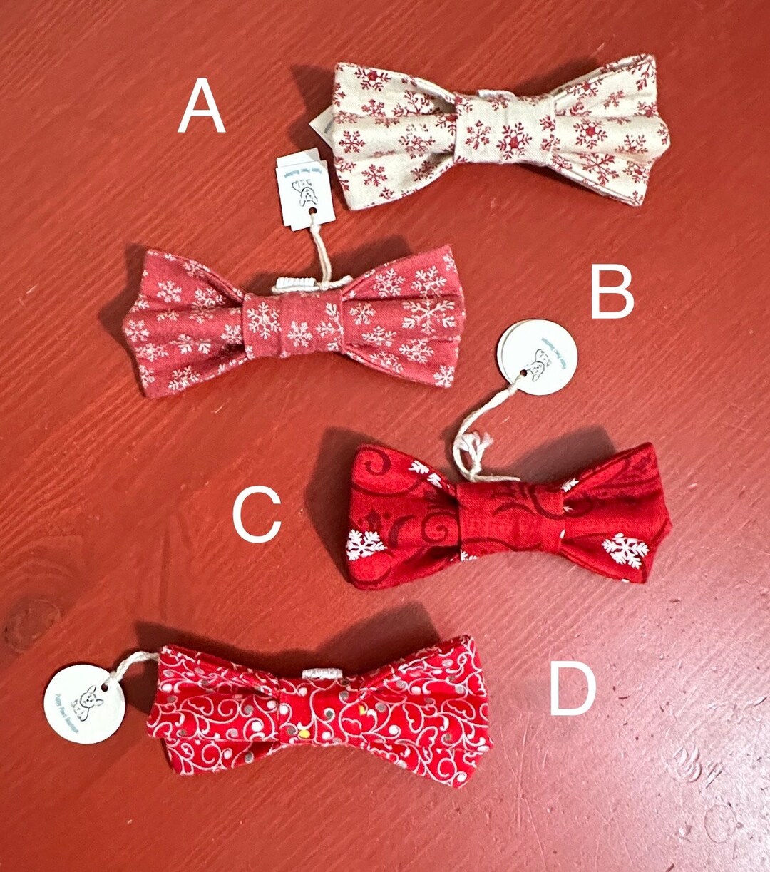 Christmas Bow Ties for Dogs With Red Whimsy Print and Snowflake Prints