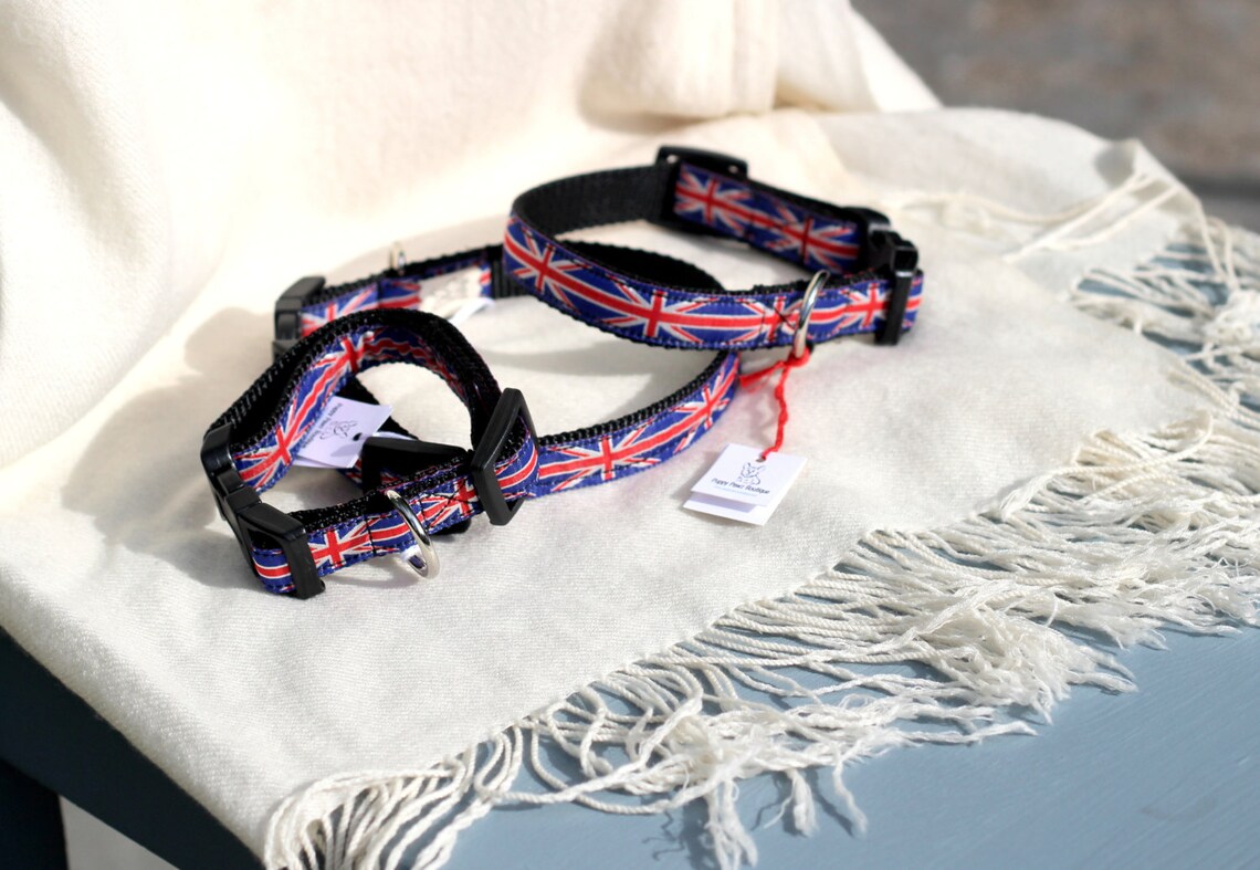 3/4 adjustable dog collars with British flag design on Etsy