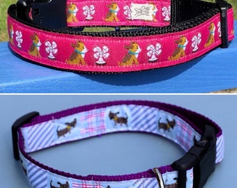 Dog collars with different cute dog prints one in pink and the other with patches.