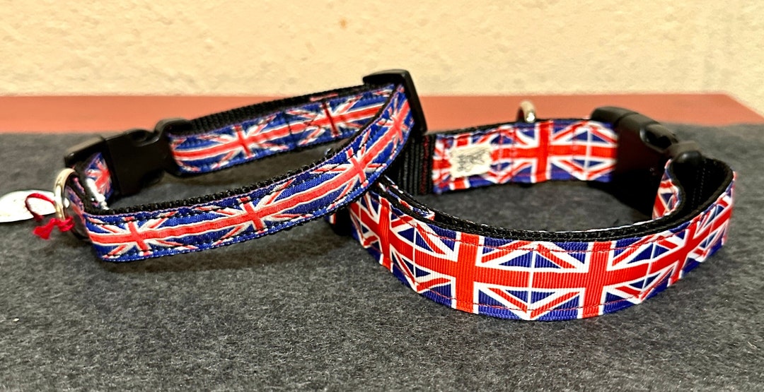 Dog Collars With Union Jack Flag Print on 1 Inch Grosgrain Ribbon and 3