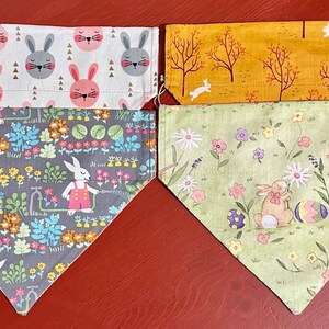 Dog over-the-collar style bandanas with different Easter Bunny prints