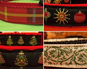 Christmas dog collars in red plaid, ivory green brocade, Christmas trees and ornaments on Jacquard ribbon  perfect for the holidays!