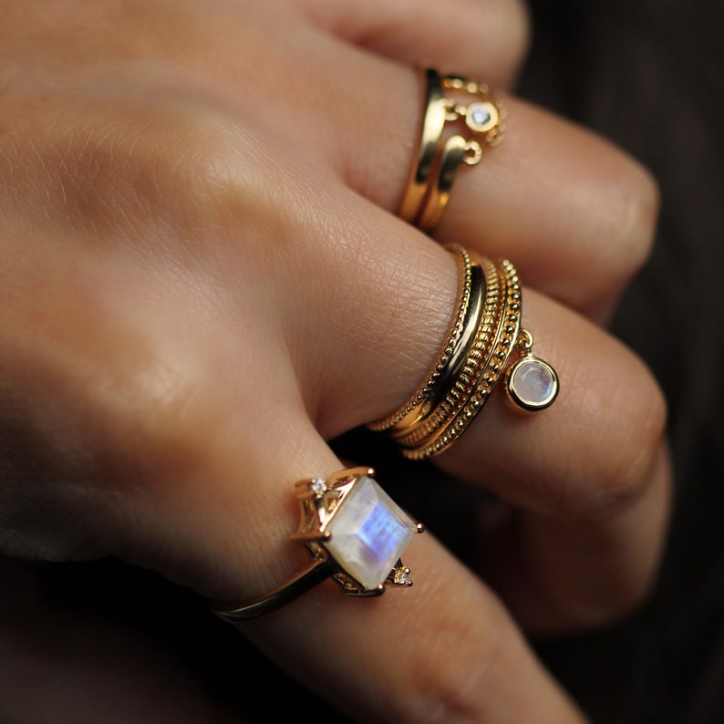 Diana Ring in Moonstone: Royal Heirloom Inspired Ring with Synthetic Diamonds and a Square Cut Rainbow Moonstone Gemstone image 4