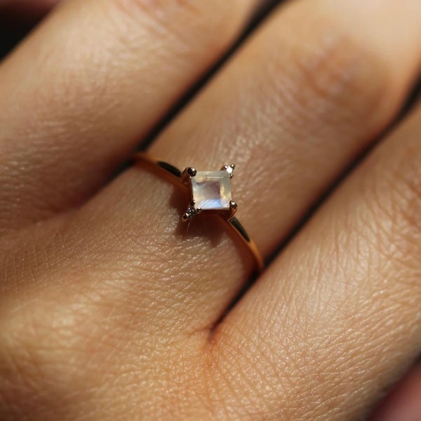 Mini Diana Ring in Moonstone: Heirloom Inspired Ring with Synthetic Diamonds and a Square Cut Moonstone 14 Karat Gold plated Silver