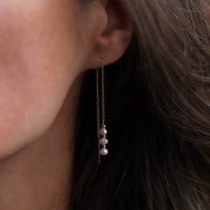 Dottie Threaders in White Pearl: Dainty Ear Threaders made with 14 Karat Gold Fill in Vancouver BC