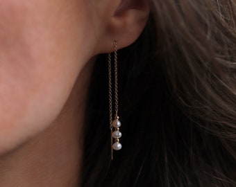 Dottie Threaders in White Pearl: Dainty Ear Threaders made with 14 Karat Gold Fill in Vancouver BC