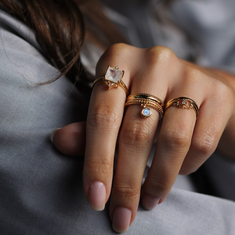 Diana Ring in Moonstone: Royal Heirloom Inspired Ring with Synthetic Diamonds and a Square Cut Rainbow Moonstone Gemstone image 5