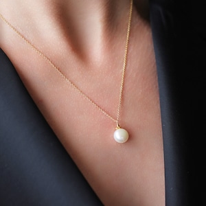 Audrey Necklace in Gold: A Classic White Pearl Drop Necklace handmade in Vancouver BC with 14 Karat Gold Fill and White Fresh Water Pearls image 1