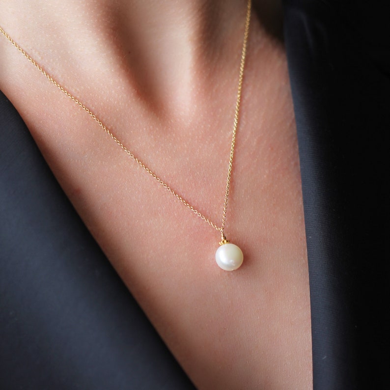 Audrey Necklace in Gold: A Classic White Pearl Drop Necklace handmade in Vancouver BC with 14 Karat Gold Fill and White Fresh Water Pearls image 1