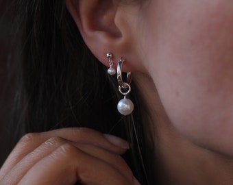Pearl and Silver Charm Style Hoop Earrings made with Sterling Silver and Removable White Fresh Water Pearls