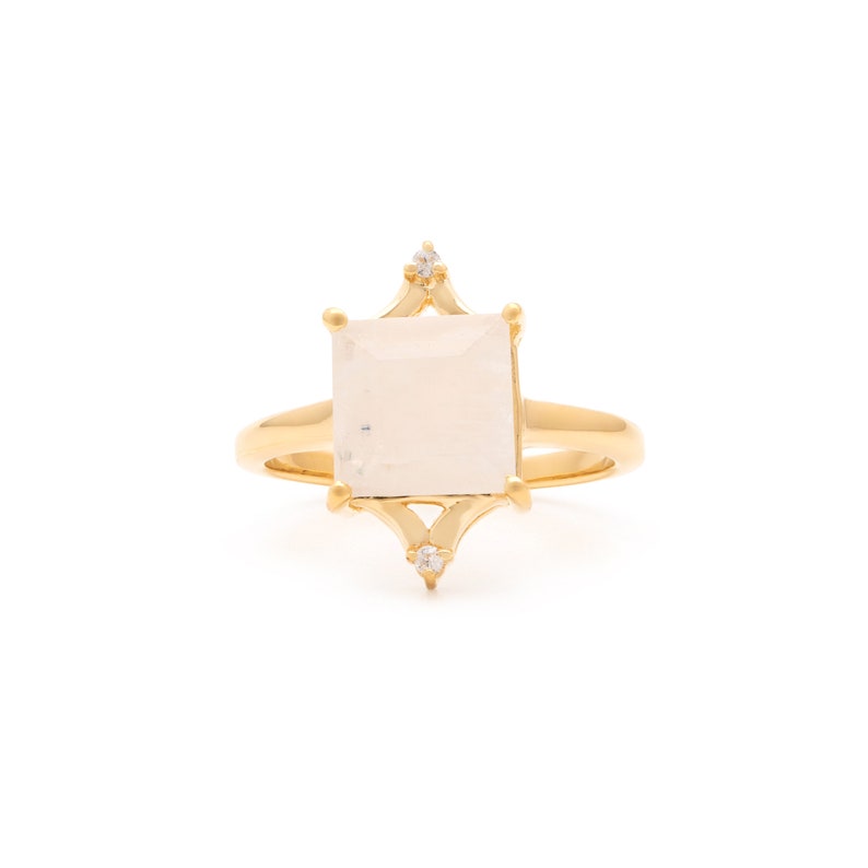 Diana Ring in Moonstone: Royal Heirloom Inspired Ring with Synthetic Diamonds and a Square Cut Rainbow Moonstone Gemstone image 3