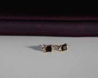 Diana Studs in Black Onyx: Royal Heirloom Inspired Stud Earrings with Synthetic Diamonds and Square Cut Black Onyx Gemstones