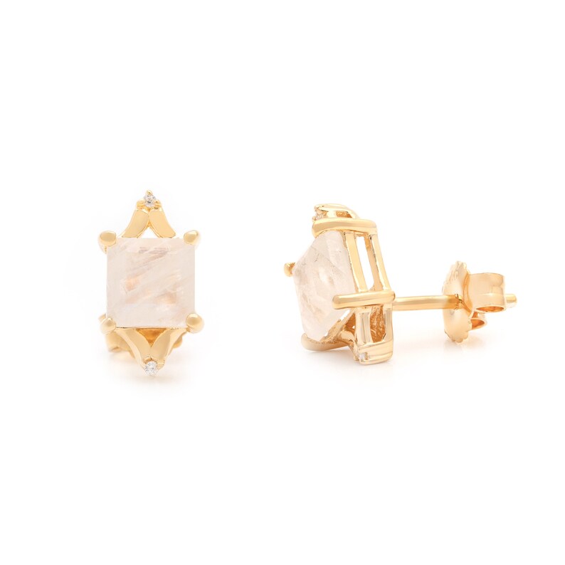 Diana Studs in Moonstone: Royal Heirloom Inspired Stud Earrings with Synthetic Diamonds and Square Cut Moonstone Gemstones image 2