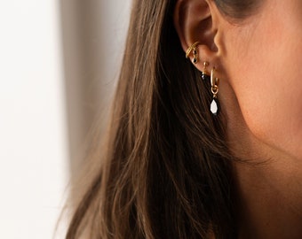 Cleo Double Ear Cuff - Synthetic Black Diamond Dangle Ear Cuff made with Recycled 14 Karat Gold Plated Sterling Silver