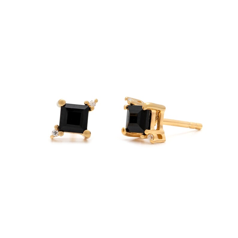 Mini Diana Studs in Black Onyx: Recycled 14 Karat Gold plated Sterling Silver Studs with Black Onyx and Synthetic Diamonds image 2
