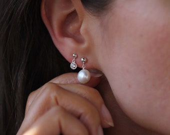 Audrey Earrings in Silver: Classic Pearl Drop Earrings with Sterling Silver and 4mm Studs Handmade in Vancouver BC by Leah Yard Designs