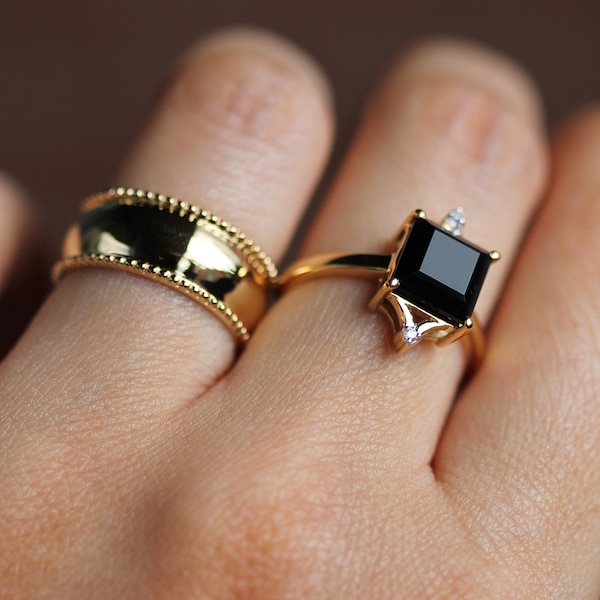 Diana Ring in Black Onyx: Royal Heirloom Inspired Ring with Synthetic Diamonds and a Square Cut Black Onyx Gemstone