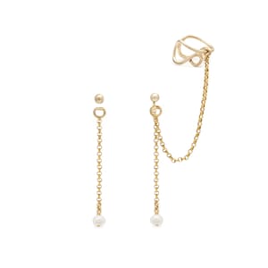 Ensemble de boucles d'oreilles Cascade en or : un ensemble de boucles d'oreilles unique et élégant en or 14 carats avec perles d'eau douce par Leah Yard Designs à Vancouver (Colombie-Britannique)