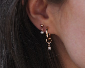 Billie Hoops: Synthetic Diamond and Gold Charm Style Hoop Earrings made with 14 Karat Gold Fill and Removable Dangle