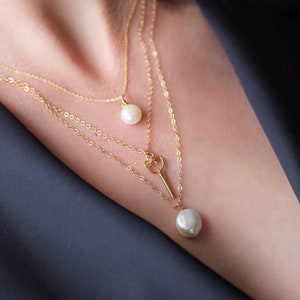 Audrey Necklace in Gold: A Classic White Pearl Drop Necklace handmade in Vancouver BC with 14 Karat Gold Fill and White Fresh Water Pearls image 3