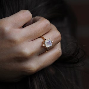 Diana Ring in Moonstone: Royal Heirloom Inspired Ring with Synthetic Diamonds and a Square Cut Rainbow Moonstone Gemstone image 2