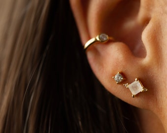 Mini Diana Studs in Moonstone: Recycled 14 Karat Gold plated Sterling Silver Studs with Moonstone and Synthetic Diamonds