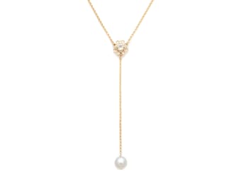 Ella Lariat in Gold: Y Chain Necklace with White Fresh Water Pearl and White Topaz by Leah Yard Designs in Vancouver BC