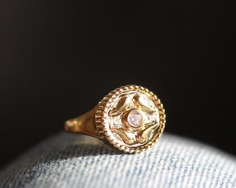 Guardian Ring in Gold with Synthetic Diamond Detail: A Meaningful Signet Ring made with 14 Karat Gold Plated Sterling Silver