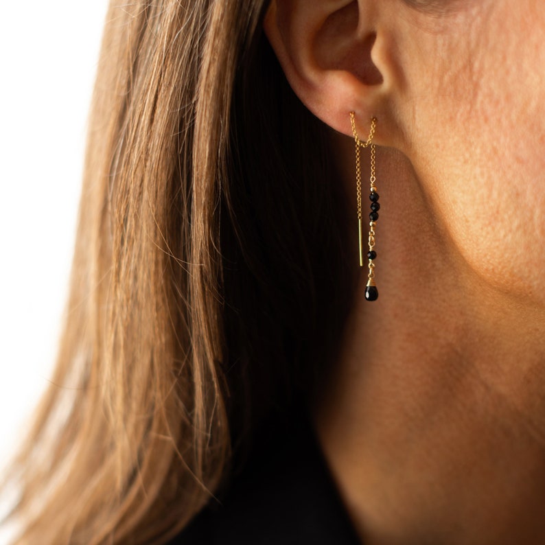 Royal Threaders in Black Onyx: Dainty Ear Threaders made with 14 Karat Gold Fill in Vancouver BC image 1