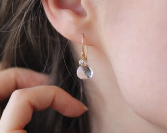 Loft Earrings in Clear Quartz and 14 Karat Gold Fill: Sparkling Earrings Handmade in Vancouver BC with A Floating Cubic Zirconia Charm