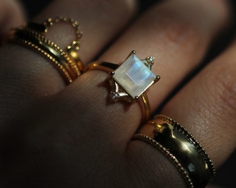 Diana Ring in Moonstone: Royal Heirloom Inspired Ring with Synthetic Diamonds and a Square Cut Rainbow Moonstone Gemstone