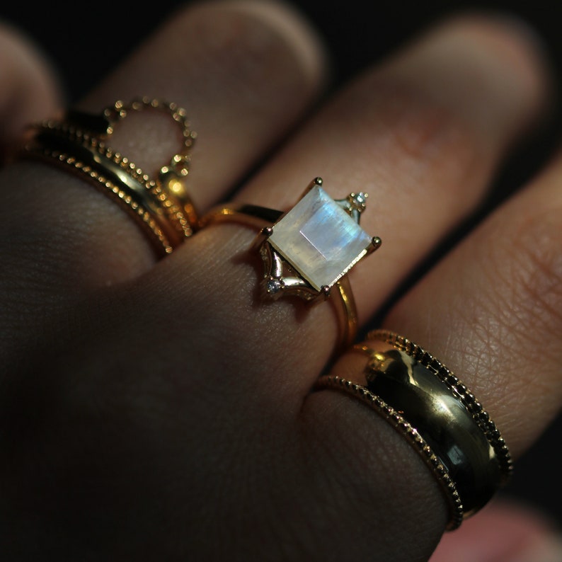 Diana Ring in Moonstone: Royal Heirloom Inspired Ring with Synthetic Diamonds and a Square Cut Rainbow Moonstone Gemstone image 1