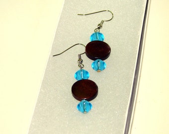 Teal earrings, wood dangle earrings, brown earrings, brown and teal dangle earrings, bead and wood earrings. Natures glass and bead jewelry.