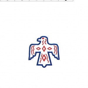 May include: A blue and red stylized Thunderbird design with a white background. The design is a traditional Native American symbol.