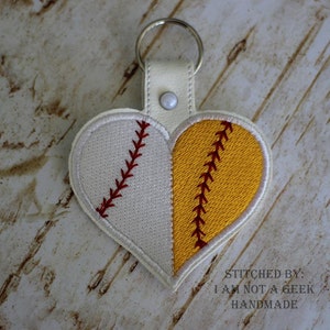 SPLIT Half Baseball Half Softball  - Heart -  In The Hoop - Snap/Rivet Key Fob - DIGITAL Embroidery Design