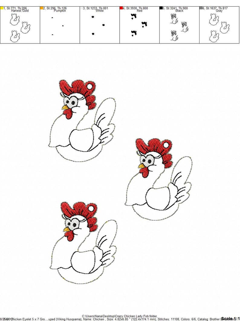 Crazy Chicken Lady 2 Design Styles Snap/Rivet Key Fob DIGITAL Embroidery Design image 2