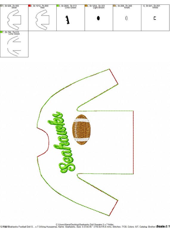 100% In the Hoop  - Seahawks - Football - Doll Sweater - 5 x 7 Only - Fleece is Suggested -  DIGITAL Embroidery Design