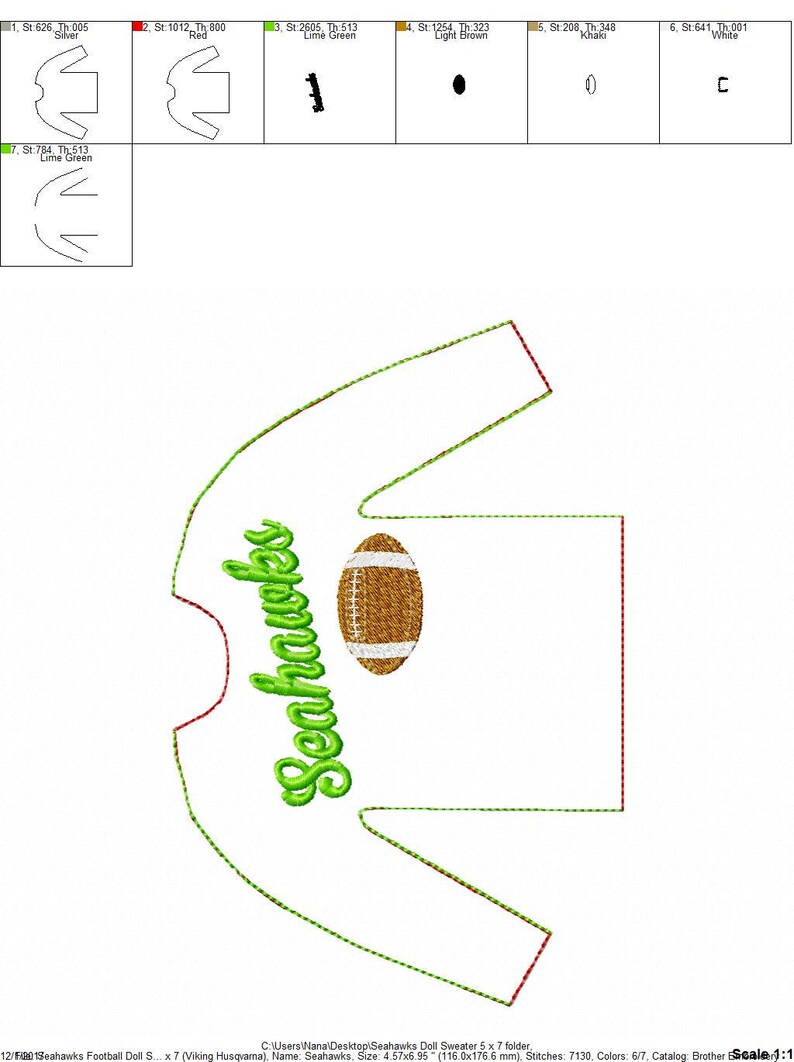 May include: An embroidered design featuring the word "Seahawks" in green script, accompanied by a brown and white football. The design is outlined in green and red, with additional color swatches.