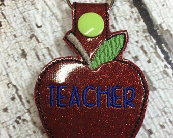 Teacher - Apple  - Snap/Rivet Key Fob - DIGITAL Embroidery Design