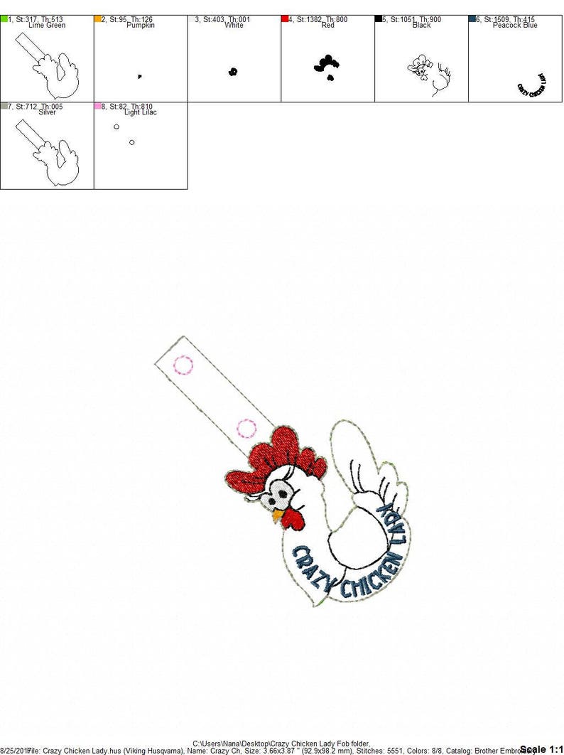 Crazy Chicken Lady 2 Design Styles Snap/Rivet Key Fob DIGITAL Embroidery Design image 9