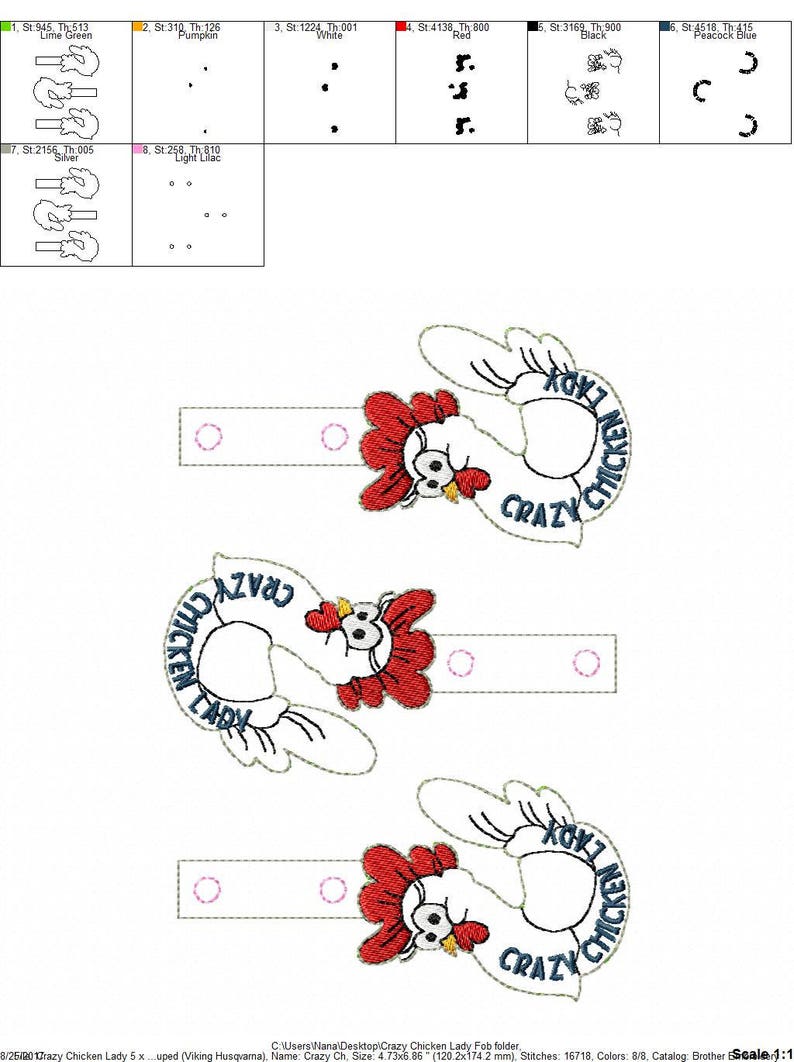 Crazy Chicken Lady 2 Design Styles Snap/Rivet Key Fob DIGITAL Embroidery Design image 6